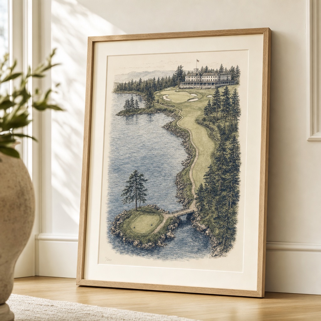 A framed ink and watercolor print of the 18th hole at Leatherstocking, with its island tee in Otsego Lake