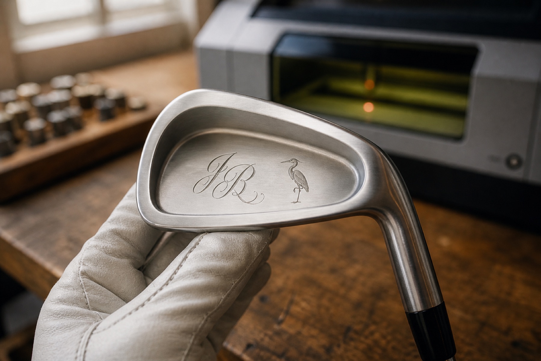 The back of a forged iron engraved with script initials and a heron