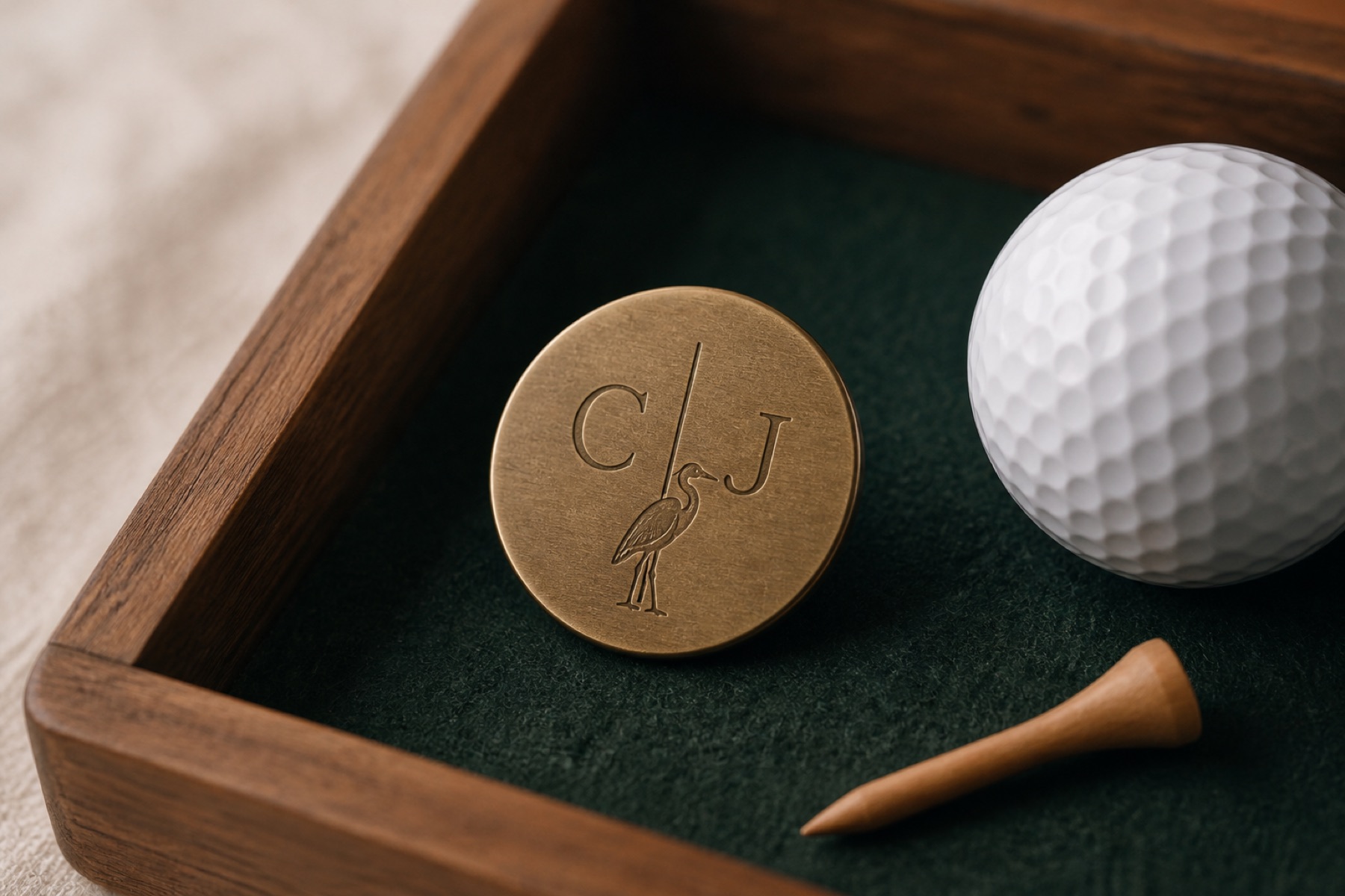A brass ball marker engraved with initials and a heron