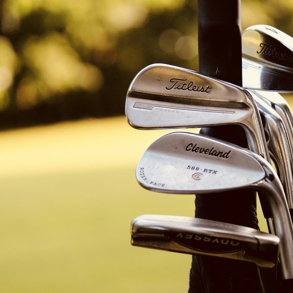 A set of irons racked in a bag
