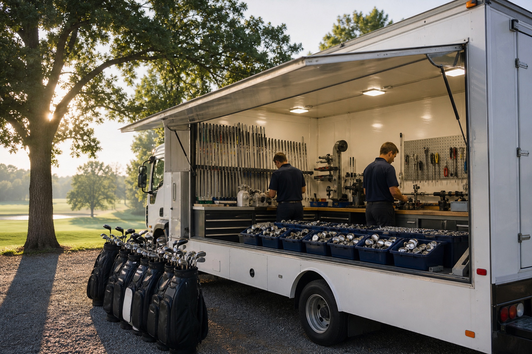 A tour equipment truck with its side open to the club workshop